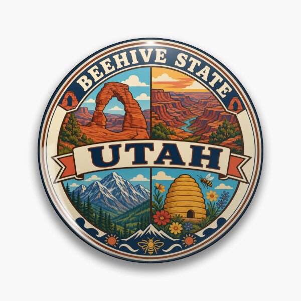 Item preview, Utah Beehive State Desert Mountains Vintage Scenic Badge designed and sold by DreamLayerStudio.