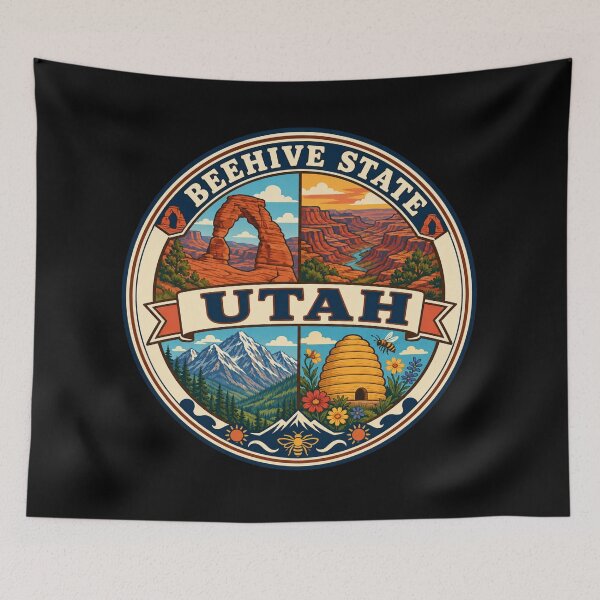 Item preview, Utah Beehive State Desert Mountains Vintage Scenic Badge designed and sold by DreamLayerStudio.
