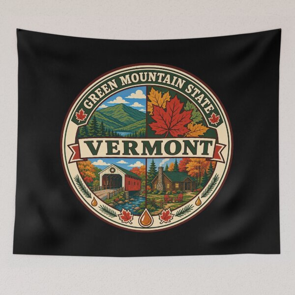Item preview, Vermont Green Mountain State Autumn Vintage Scenic Badge designed and sold by DreamLayerStudio.
