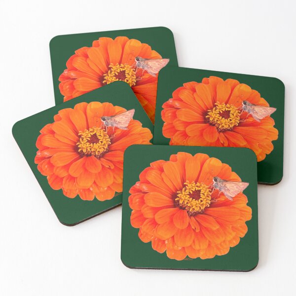 Item preview, Orange flower with moth, green background  designed and sold by Josephine Ethereal.