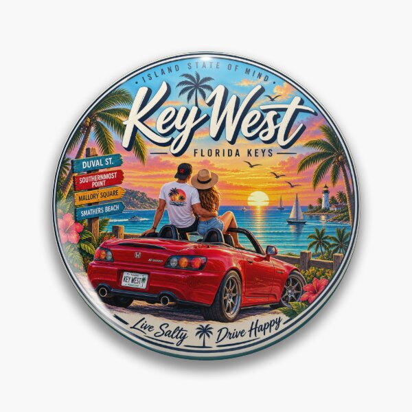 Item preview, Key West Red Roadster Sunset Badge designed and sold by piketo.
