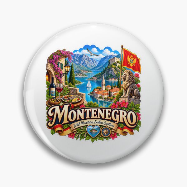 Item preview, Montenegro Travel Sticker | Kotor Fjord Coastal Village Lion & Wine Art designed and sold by alexcorporation.