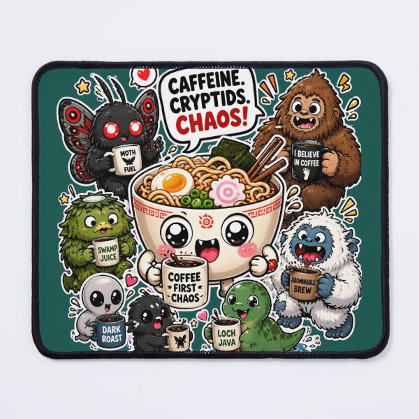 Item preview, Caffeine Cryptids Chaos - Cute Coffee & Cryptid Ramen designed and sold by Fort Chiswell Trading Company.