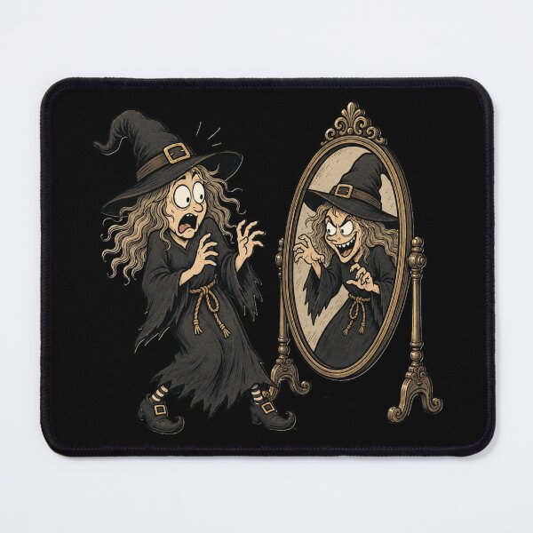 Item preview, Funny Halloween Witch Scared of Her Own Reflection – Spooky Mirror Cartoon designed and sold by Golden Ember Studio.
