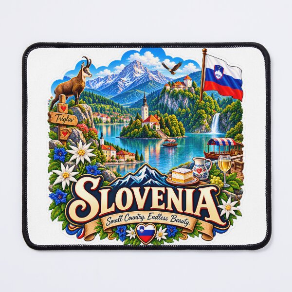 Item preview, Slovenia Travel Sticker | Lake Bled Alpine Peaks Chamois & Cream Cake Art designed and sold by alexcorporation.