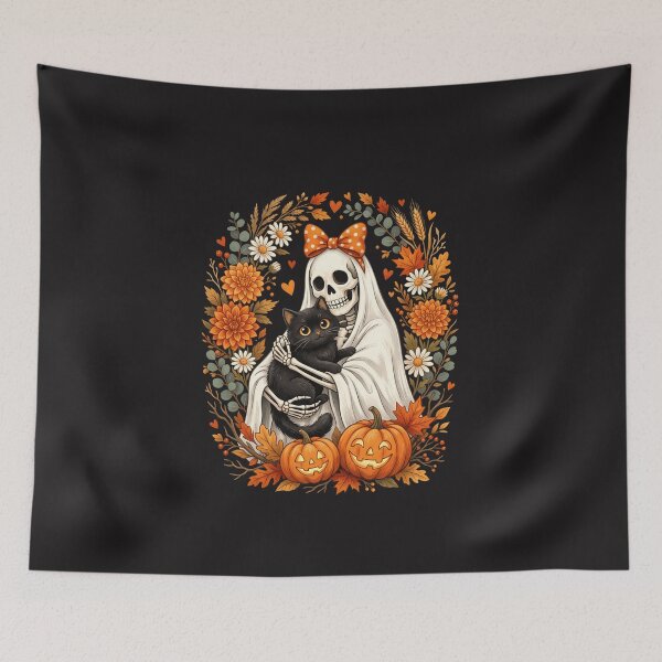 Item preview, Skeleton Holding Black Cat Floral Halloween Pumpkins Graphic designed and sold by kiralynstration.