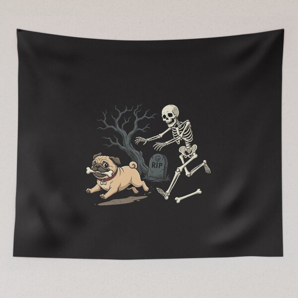Item preview, Funny Skeleton Chasing Pug Dog Halloween Graveyard Graphic designed and sold by kiralynstration.