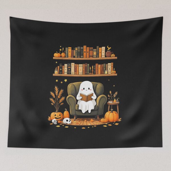 Item preview, Cute Ghost Reading Book Cozy Halloween Bookshelf Graphic designed and sold by abig-eiyana.