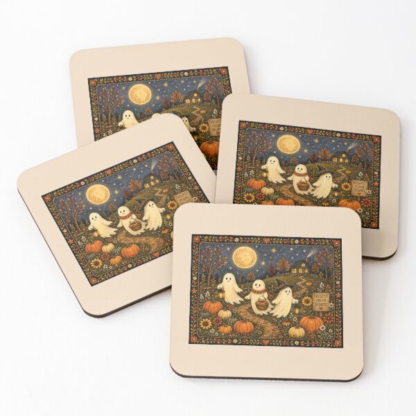 Item preview, Ghosts of the Harvest Moon | Halloween Folk Art | Cozy Autumn Ghosts designed and sold by Novel Works Studio.