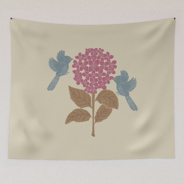 Item preview, Pink Hydrangeas flower , Floral garden , birds, butterflies, vintage hydrangea’s floral bouquet  designed and sold by DColourMuse.