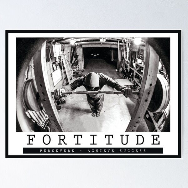 Vista previa del artículo con la obra «FORTITUDE - Cita inspiradora de culturismo», diseñado y vendido por superfitstuff.