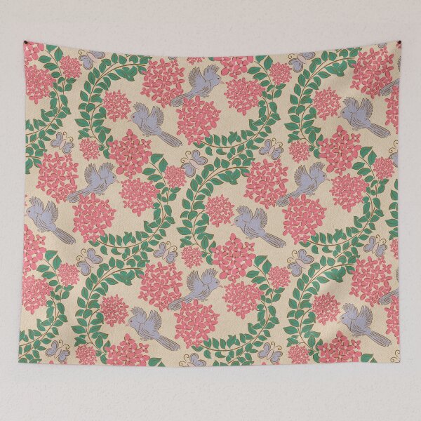 Item preview, Pink Hydrangeas flower , Floral garden , birds, butterflies, vintage hydrangea’s floral bouquet  designed and sold by DColourMuse.