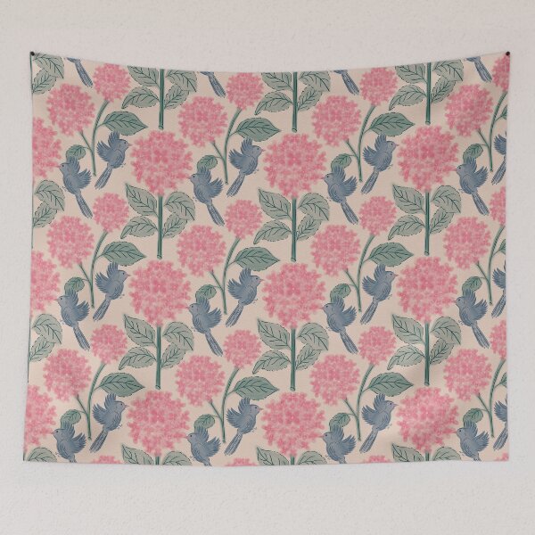 Item preview, Pink Hydrangeas flower , Floral garden , birds, butterflies, vintage hydrangea’s floral bouquet  designed and sold by DColourMuse.