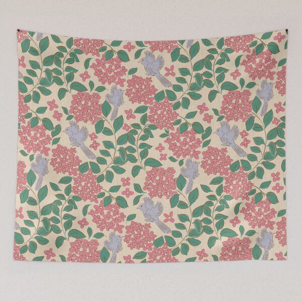 Item preview, Pink Hydrangeas flower , Floral garden , birds, butterflies, vintage hydrangea’s floral bouquet  designed and sold by DColourMuse.