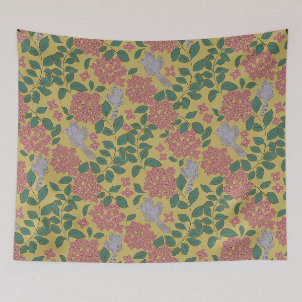 Item preview, Pink Hydrangeas flower , Floral garden , birds, butterflies, vintage hydrangea’s floral bouquet  designed and sold by DColourMuse.