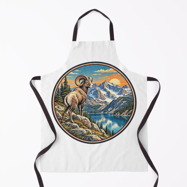 Aperçu de l'œuvre Retro Bighorn Sheep Alpine Lake and Mountain Landscape créée et vendue par alwaysadeal.
