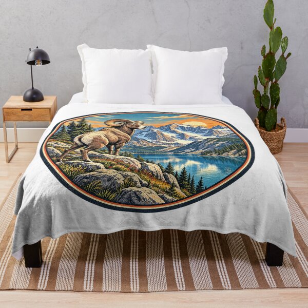 Artikelvorschau, Retro Bighorn Sheep Alpine Lake and Mountain Landscape entworfen und verkauft von alwaysadeal.
