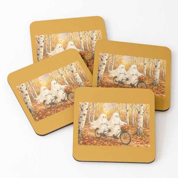 Item preview, Ghosts on a Tandem Bike Through the Autumn Birch Forest | Cozy Watercolor Halloween Art designed and sold by Novel Works Studio.