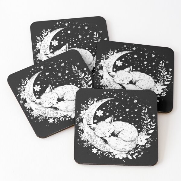 Item preview, Sleeping Fox on Crescent Moon with Flowers Black and White Celestial Art designed and sold by inkoutninja.