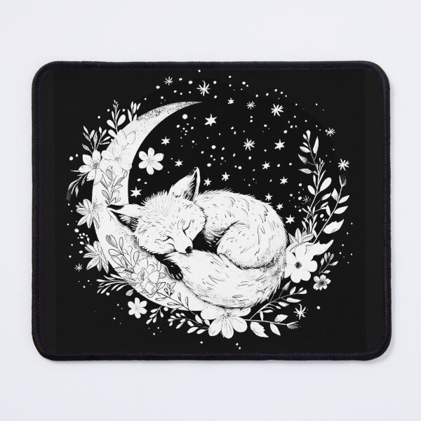 Item preview, Sleeping Fox on Crescent Moon with Flowers Black and White Celestial Art designed and sold by inkoutninja.