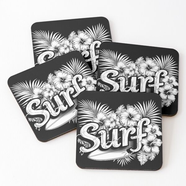 Item preview, Surf Typography with Hibiscus Flowers and Surfboard Black and White Tropical Art designed and sold by inkoutninja.