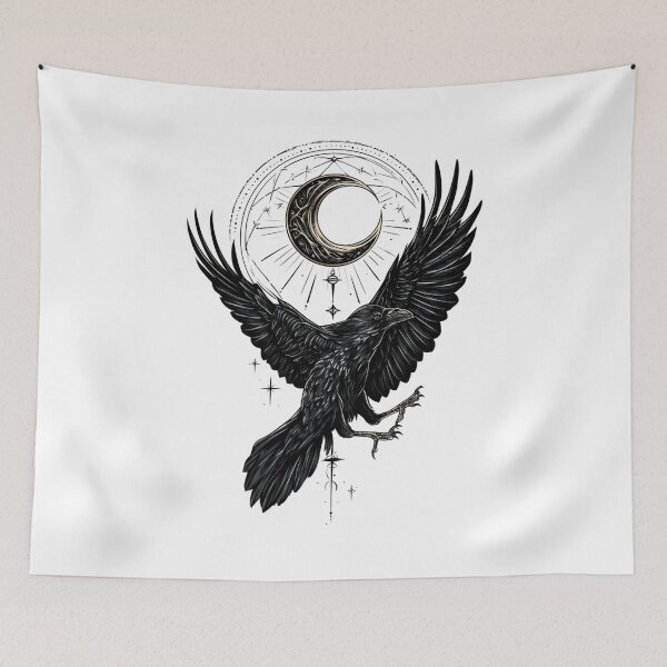 Item preview, Minimalist Flying Raven with Crescent Moon Geometric Art designed and sold by TrendyGalaxy.
