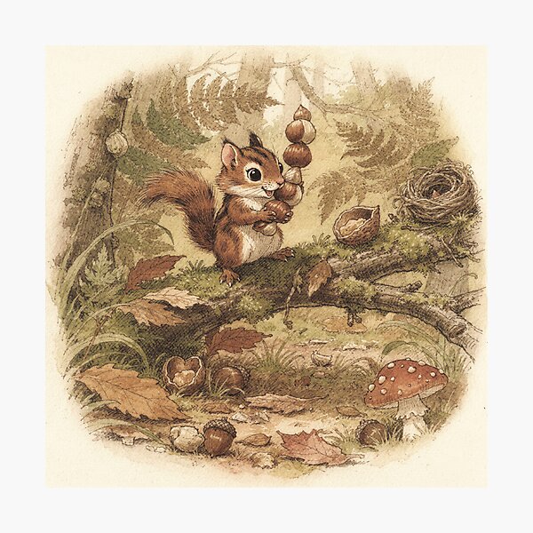 Item preview, Chipmunk Folk Balancing a Stack of Hazelnuts Storybook Art designed and sold by PictorialWhimsy.