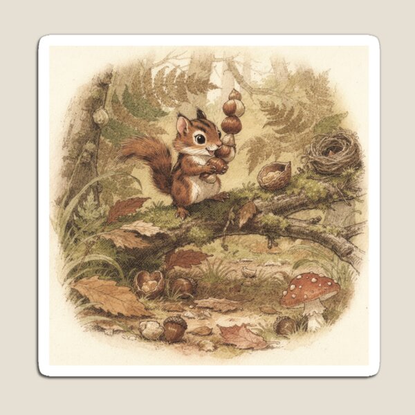 Item preview, Chipmunk Folk Balancing a Stack of Hazelnuts Storybook Art designed and sold by PictorialWhimsy.