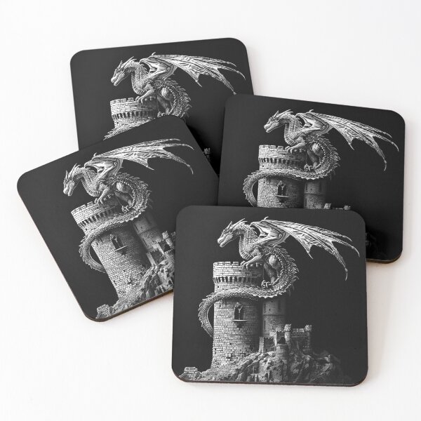 Item preview, Dragon Perched on Medieval Castle Black and White Gothic Fantasy Art designed and sold by inkoutninja.