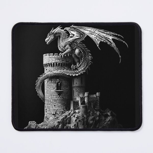 Item preview, Dragon Perched on Medieval Castle Black and White Gothic Fantasy Art designed and sold by inkoutninja.