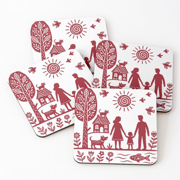 Item preview, Folk Art Family Linocut Illustration - Happy Family with Pets House and Nature Print designed and sold by seven things shop.