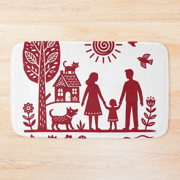 Item preview, Folk Art Family Linocut Illustration - Happy Family with Pets House and Nature Print designed and sold by seven things shop.