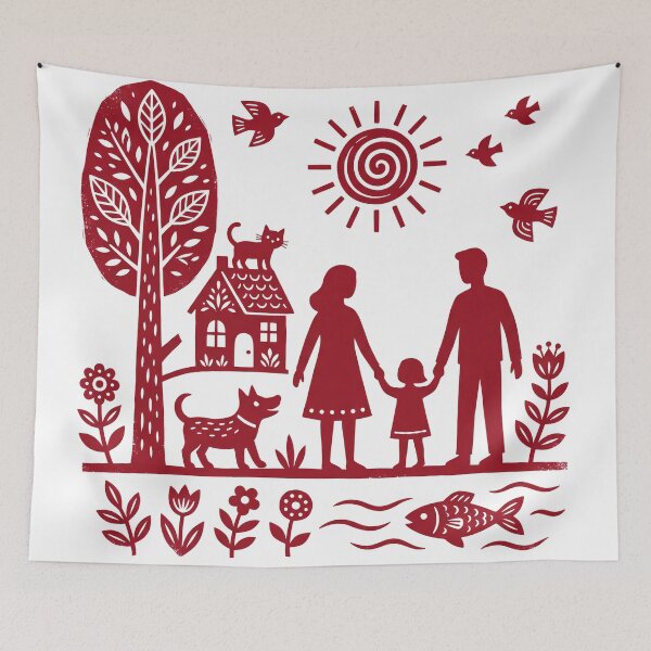 Artikelvorschau, Linolschnittillustration im Stil der Volkskunst – Glückliche Familie mit Haustieren, Haus und Natur (Druck) entworfen und verkauft von seven things shop.