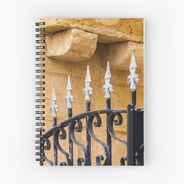 Item preview, Ornate Wrought Iron Fence With White Finials Against Warm Sandstone Wall In Historic Setting designed and sold by Nmallia.