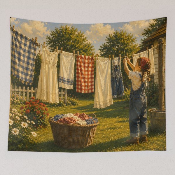 Item preview, Sunny Backyard Laundry Day Scene designed and sold by PuzzlingRooster.