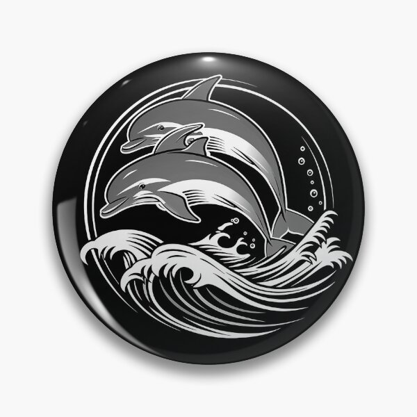 Item preview, Two Dolphins Jumping Over Ocean Waves Black and White Marine Art Design designed and sold by inkoutninja.