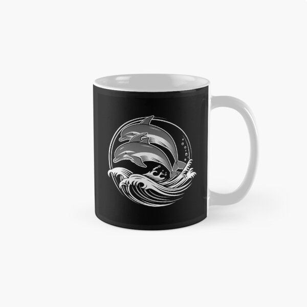 Item preview, Two Dolphins Jumping Over Ocean Waves Black and White Marine Art Design designed and sold by inkoutninja.