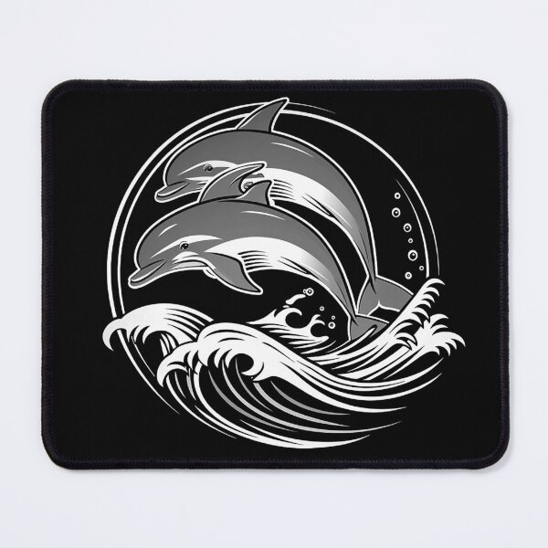 Item preview, Two Dolphins Jumping Over Ocean Waves Black and White Marine Art Design designed and sold by inkoutninja.