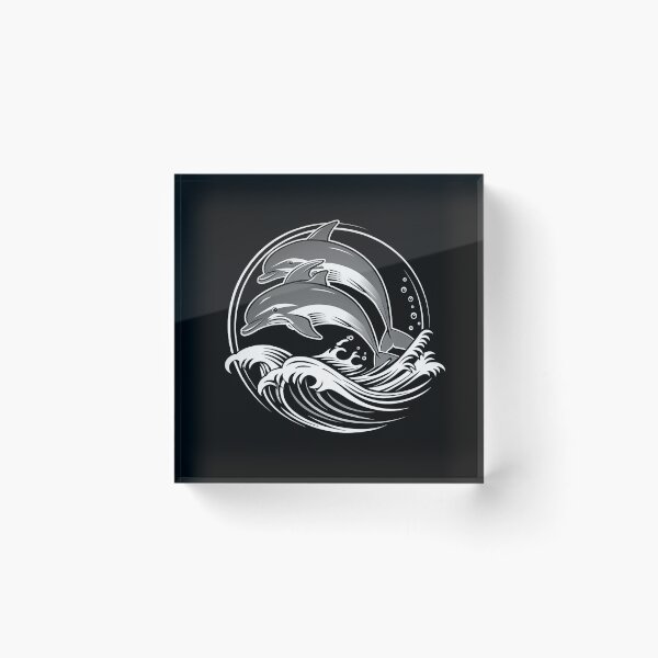 Item preview, Two Dolphins Jumping Over Ocean Waves Black and White Marine Art Design designed and sold by inkoutninja.