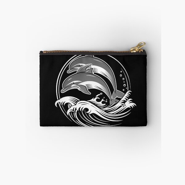 Item preview, Two Dolphins Jumping Over Ocean Waves Black and White Marine Art Design designed and sold by inkoutninja.