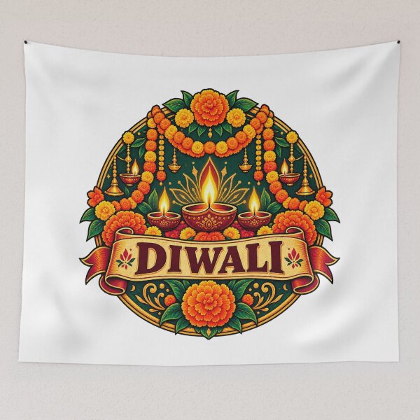 Item preview, Diwali Marigold Garland – Vintage Floral Festival Badge | Indian Festival Design designed and sold by Globalcitytees.