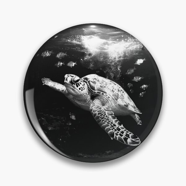 Item preview, Sea Turtle Swimming with Tropical Fish Black and White Underwater Wildlife Art designed and sold by inkoutninja.