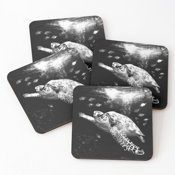 Item preview, Sea Turtle Swimming with Tropical Fish Black and White Underwater Wildlife Art designed and sold by inkoutninja.