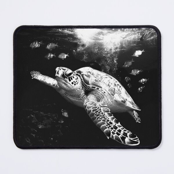 Item preview, Sea Turtle Swimming with Tropical Fish Black and White Underwater Wildlife Art designed and sold by inkoutninja.