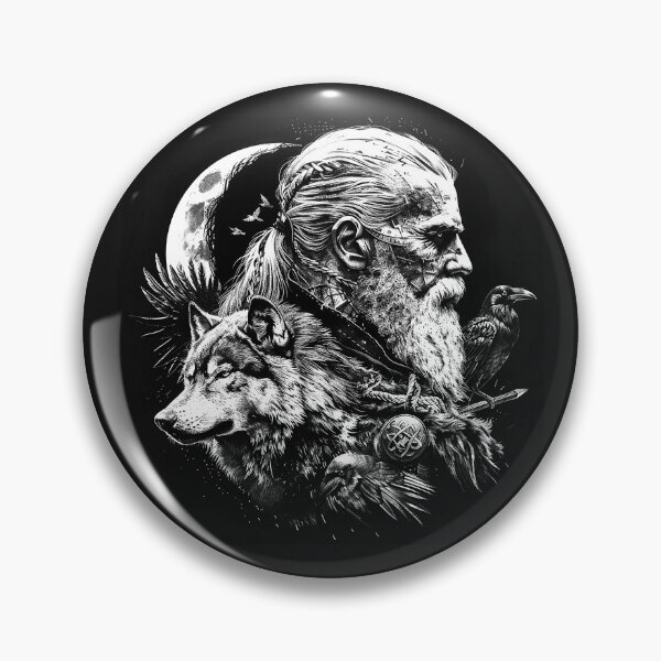 Item preview, Norse Warrior with Wolf Ravens and Moon Black and White Viking Fantasy Art Design designed and sold by inkoutninja.