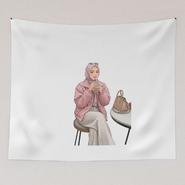 Item preview, Pink Hijab Girl Enjoying Coffee in a Cozy place designed and sold by sabartgunpla.