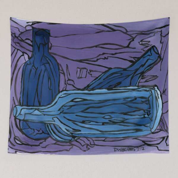 Aperçu de l'œuvre Bouteilles de nature morte bleue – Composition Art Brut par Dwaalhaas créée et vendue par Dwaalhaas.com.