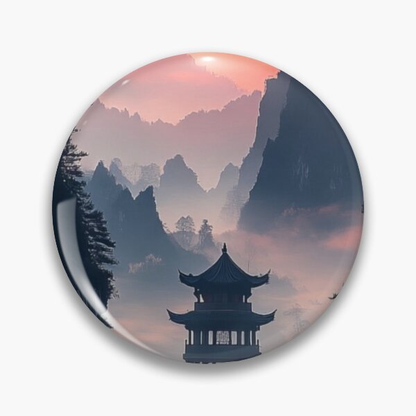 Item preview, Traditional Japanese Pagoda Misty Mountain Crimson Red Sun Landscape designed and sold by LYAN-STORE.