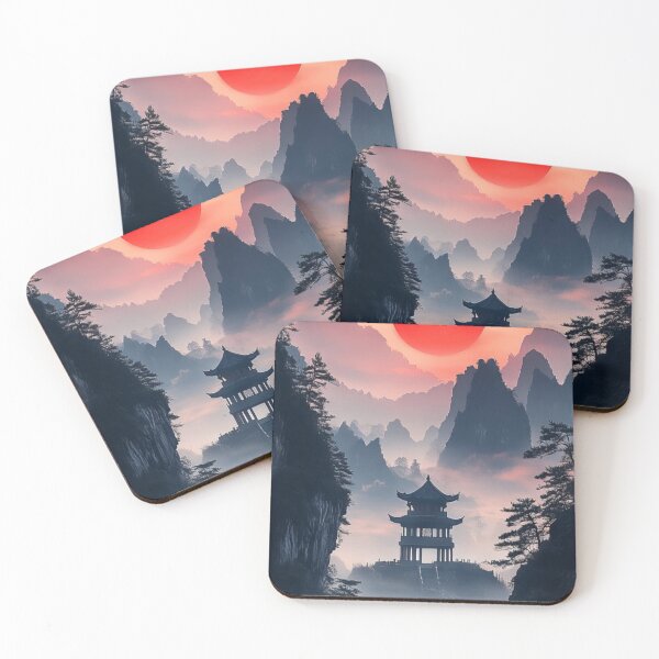 Item preview, Traditional Japanese Pagoda Misty Mountain Crimson Red Sun Landscape designed and sold by LYAN-STORE.