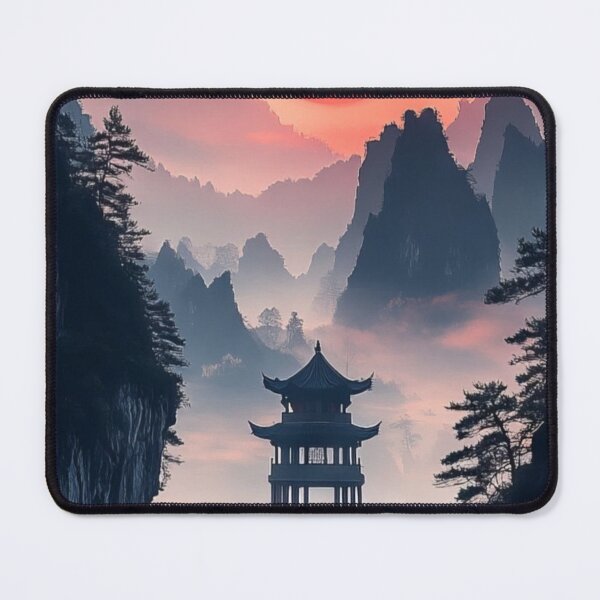 Item preview, Traditional Japanese Pagoda Misty Mountain Crimson Red Sun Landscape designed and sold by LYAN-STORE.